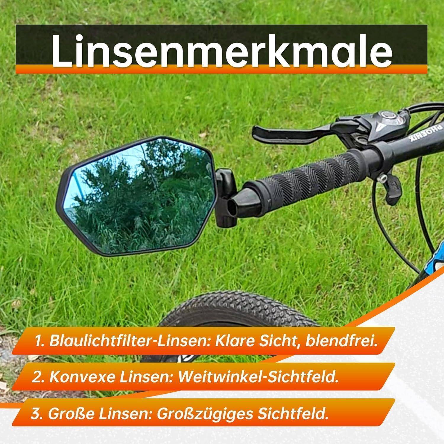 Fahrradlenker mit großem Rückspiegel, beschriftet mit „Merkmale