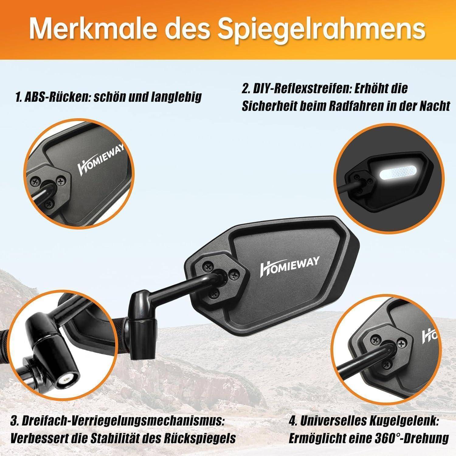 Deutsches Produktgraphik, das einen HOMIEWAY-Fahrradenspiegel mit hervorgehobenen Funktionen zeigt: ABS-Rückseite, DIY-Reflexionsstreifen, dreifacher Verriegelungsmechanismus und 360-Grad-Kugelgelenk.