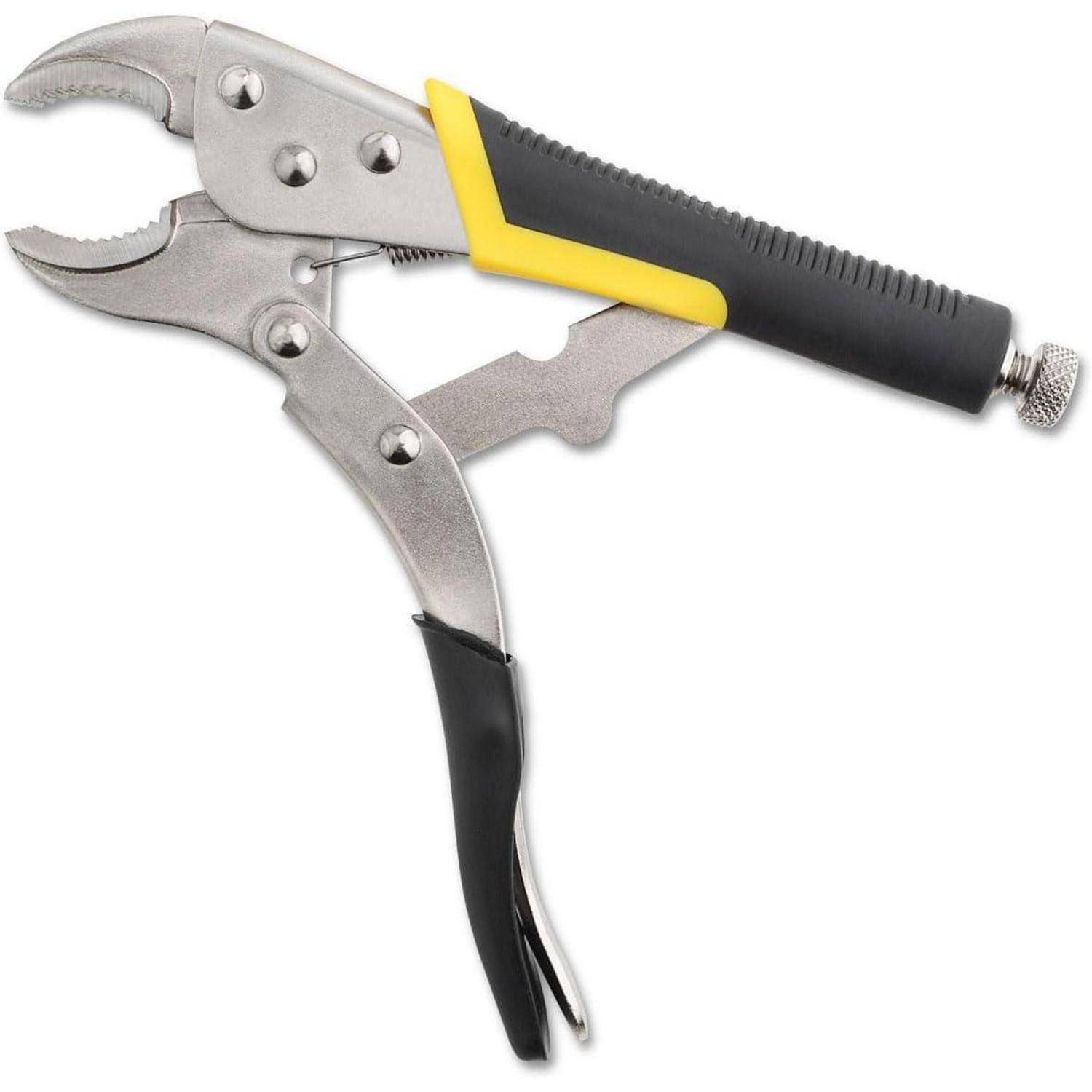 Locking-Zangen mit gebogenen Backen und schwarz-gelben Griffen auf weißem Hintergrund.