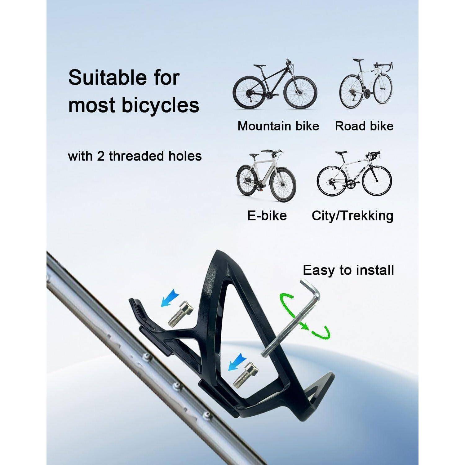 Werbegrafik eines rahmenmontierten Fahrradzubehörs mit zwei Gewindelöchern, das für Mountainbikes, Rennräder, E-Bikes und City-/Trekkingbikes geeignet ist; gekennzeichnet mit „Einfach zu installieren