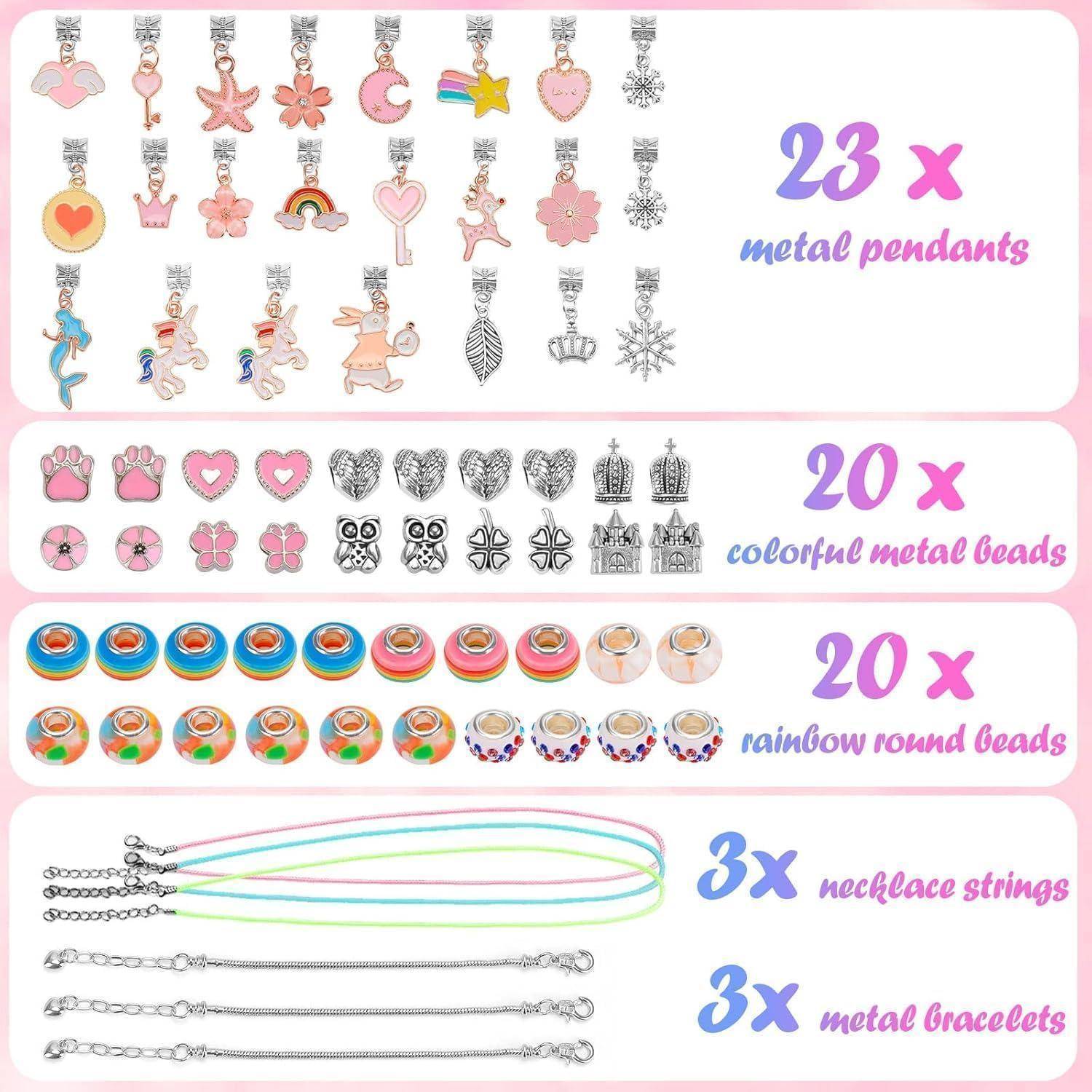 Schmuckherstellungs-Set-Inhalt: 23 Metallanhänger, 20 farblich abgestimmte Metallperlen, 20 regenbogenfarbene runde Perlen, 3 Halskettenschnüre und 3 Metallarmreifen.