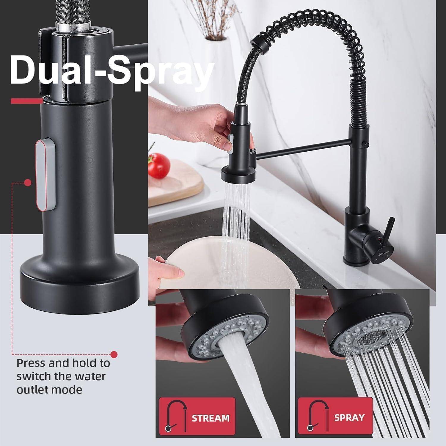 Schwarze Küchenarmatur mit ausziehbarem Dual-Spray-Sprüher; drücken und halten, um zwischen den Modi 
