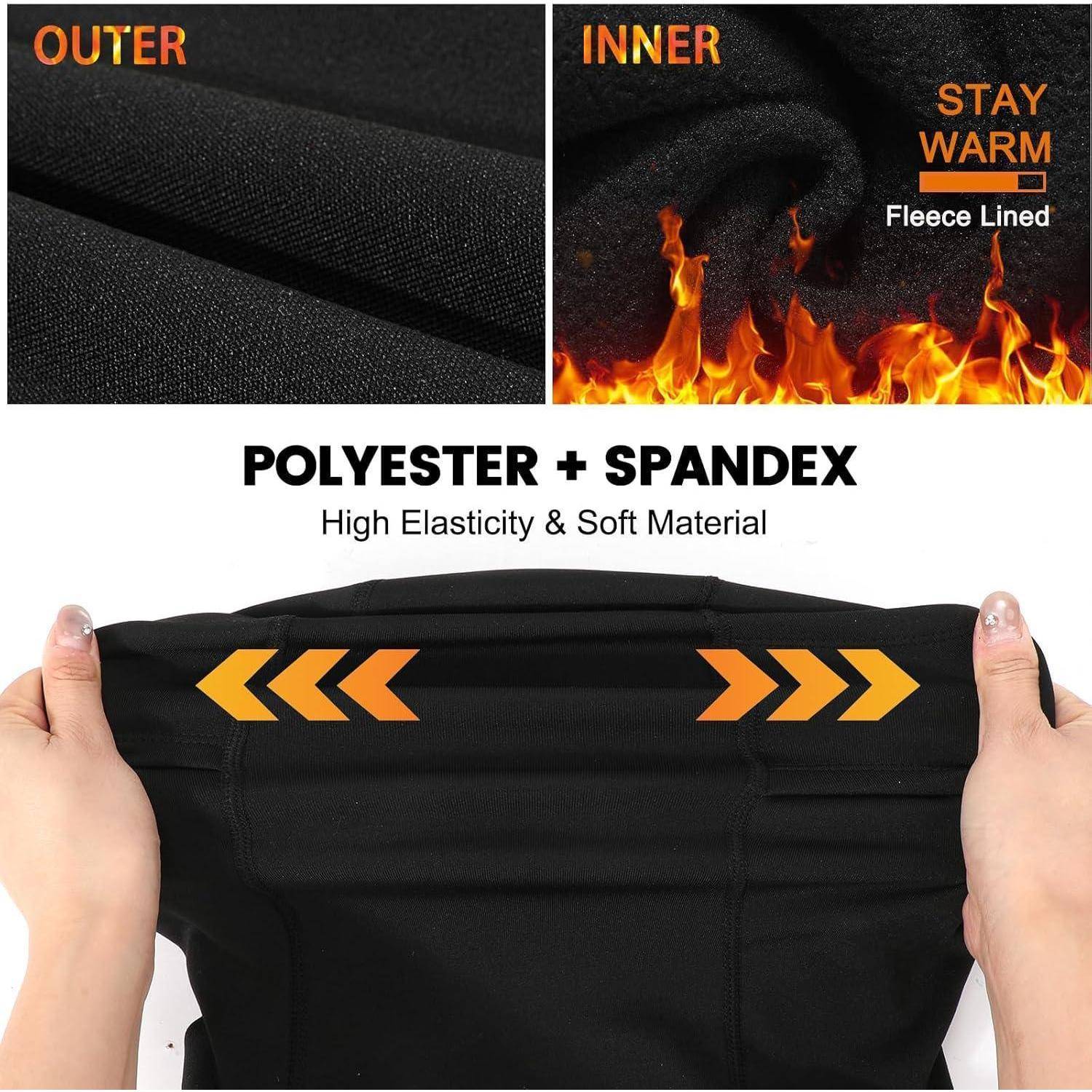Produktanzeige mit schwarzem Polyester-Spandex-Stoff, der von Händen gedehnt wird, mit den Beschriftungen "Außenseite"", ""Innenseite"", ""Warmes Fleece-Futter"", und ""Hohe Elastizität & weiches Material"".