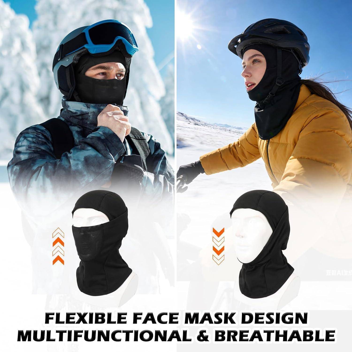 Produktbild zeigt zwei Wintersportler, die eine flexible schwarze Gesichtsmaske tragen; eingefügte Masken auf einer Schaufensterpuppe, mit Text „FLEXIBLES GESICHTSMASKENMUSTER MULTIFUNKTIONAL & ATMUNGSAKTIV".