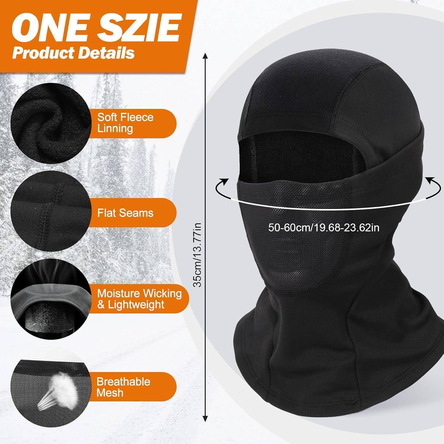 Produktdetails für eine schwarze Sturmhaube in Einheitsgröße: weiches Fleece-Futter, flache Nähte, Feuchtigkeitsabsorption, atmungsaktives Mesh, Kopfumfang 50-60 cm, Höhe 35 cm.