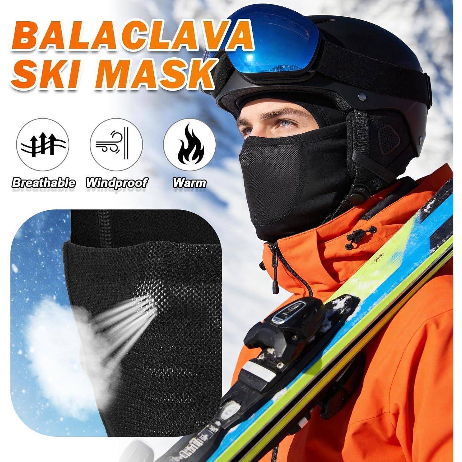 Anzeige für eine Skimaske/Sturmhaube, die einen Skifahrer zeigt, der die schwarze Gesichtsmaske trägt, mit Symbolen, die die atmungsaktiven, winddichten und wärmenden Eigenschaften hervorheben.