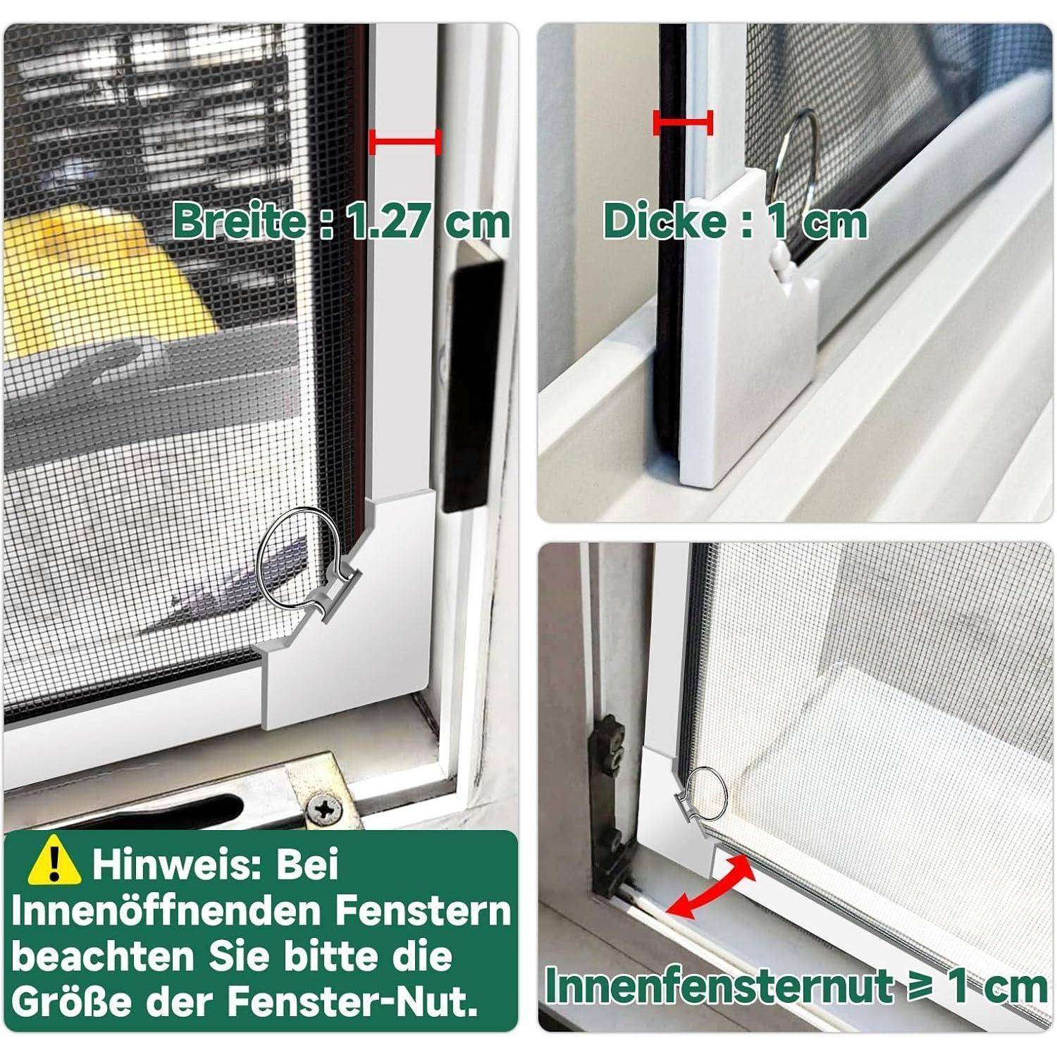 Collage mit einer Anleitung zur Montage von Fensternetzen: Breite 1,27 cm, Dicke 1 cm und innere Fensternut mindestens 1 cm, mit einer Warnung vor nach innen öffnenden Fenstern.