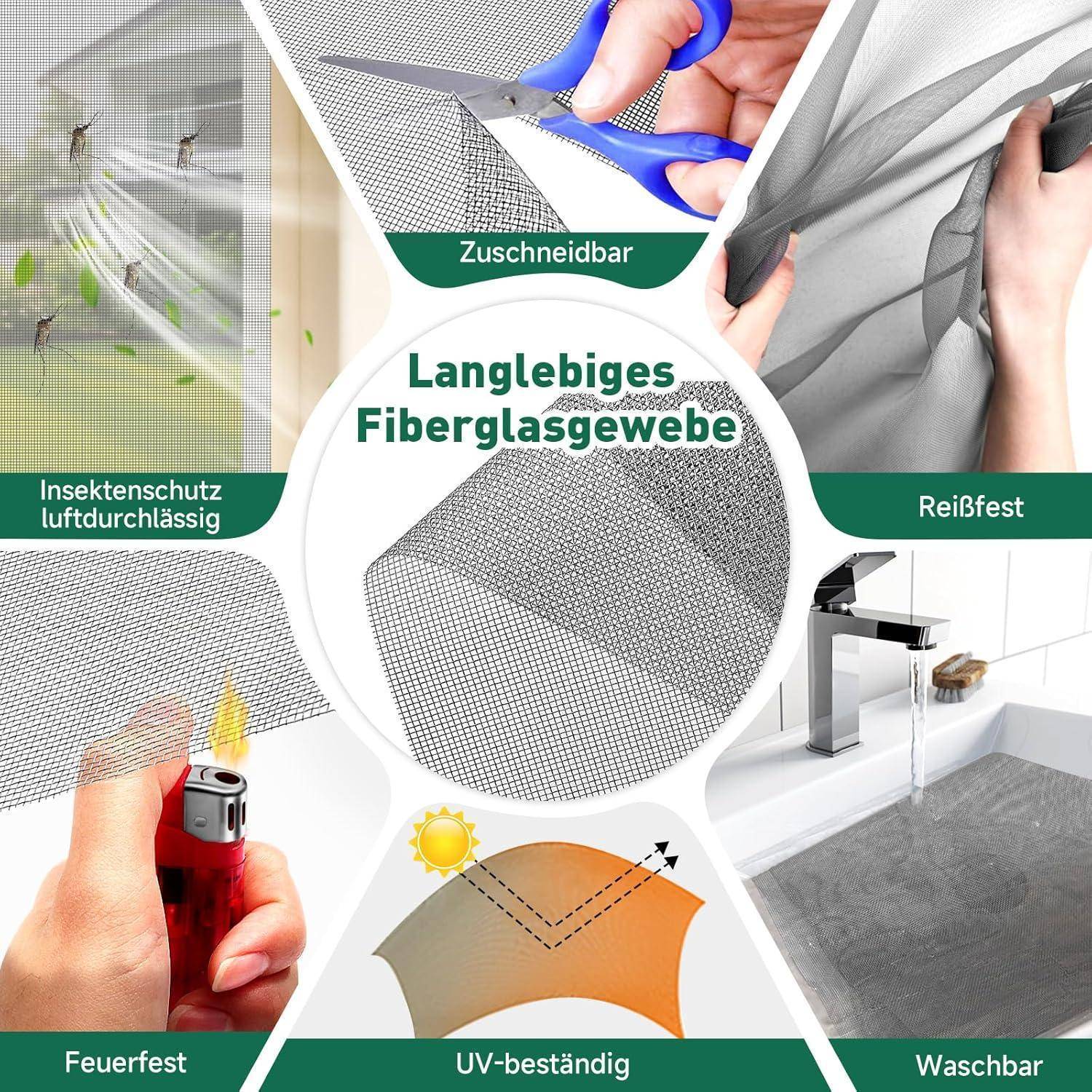 Infografik aus dauerhaftem Fiberglasgitter mit Vorteilen: Insektenschutz, schneidbar, reißfest, feuerfest, UV-beständig und waschbar.