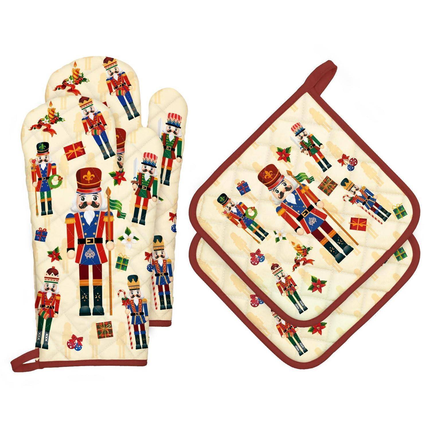 Weihnachten Nussknacker Ofenhandschuh & Topflappen 4er-Set Baumwolle