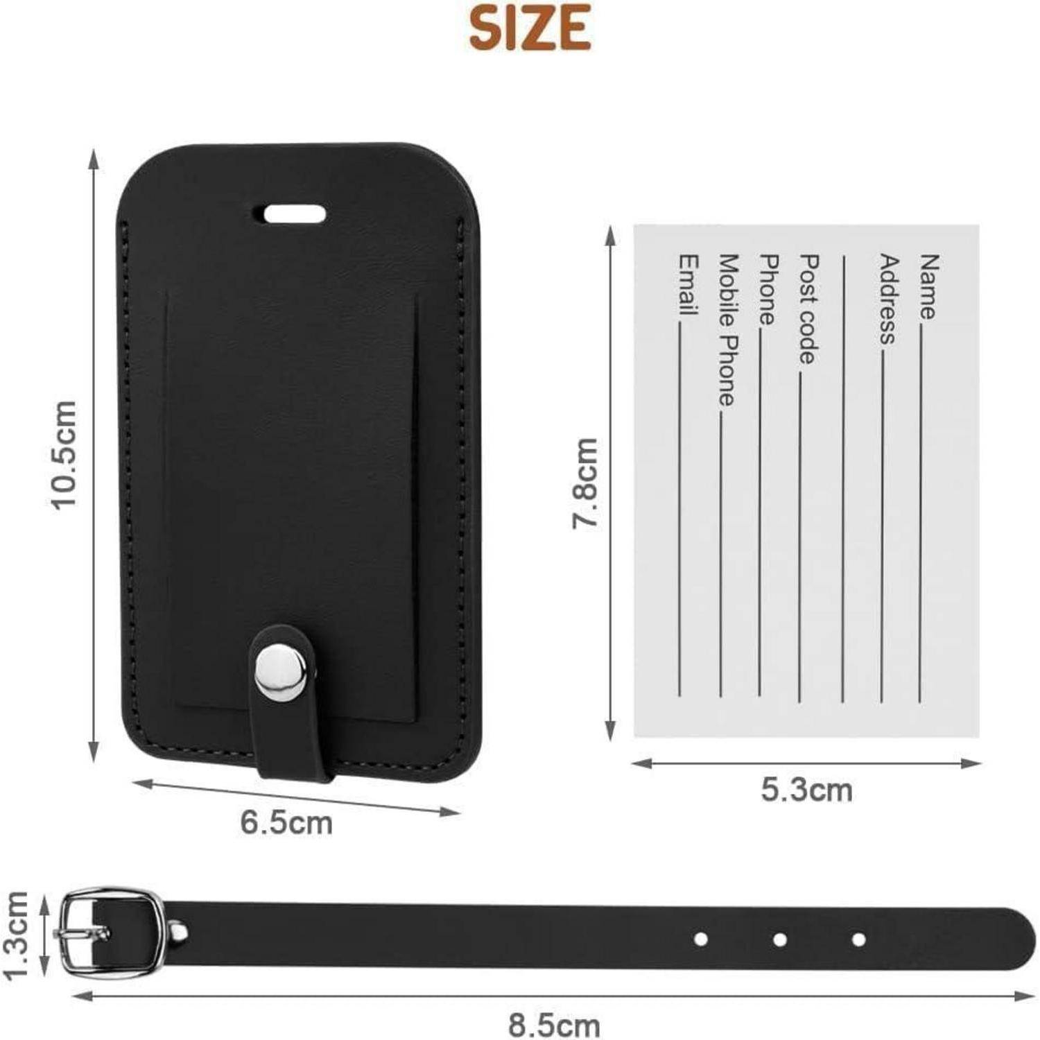Diagramm zeigt ein schwarzes Lederreisegepäckanhänger und eine Einsatzkarte mit den Abmessungen 10,5 cm x 6,5 cm und 7,8 cm x 5,3 cm sowie einer Riemenlänge von 8,5 cm.