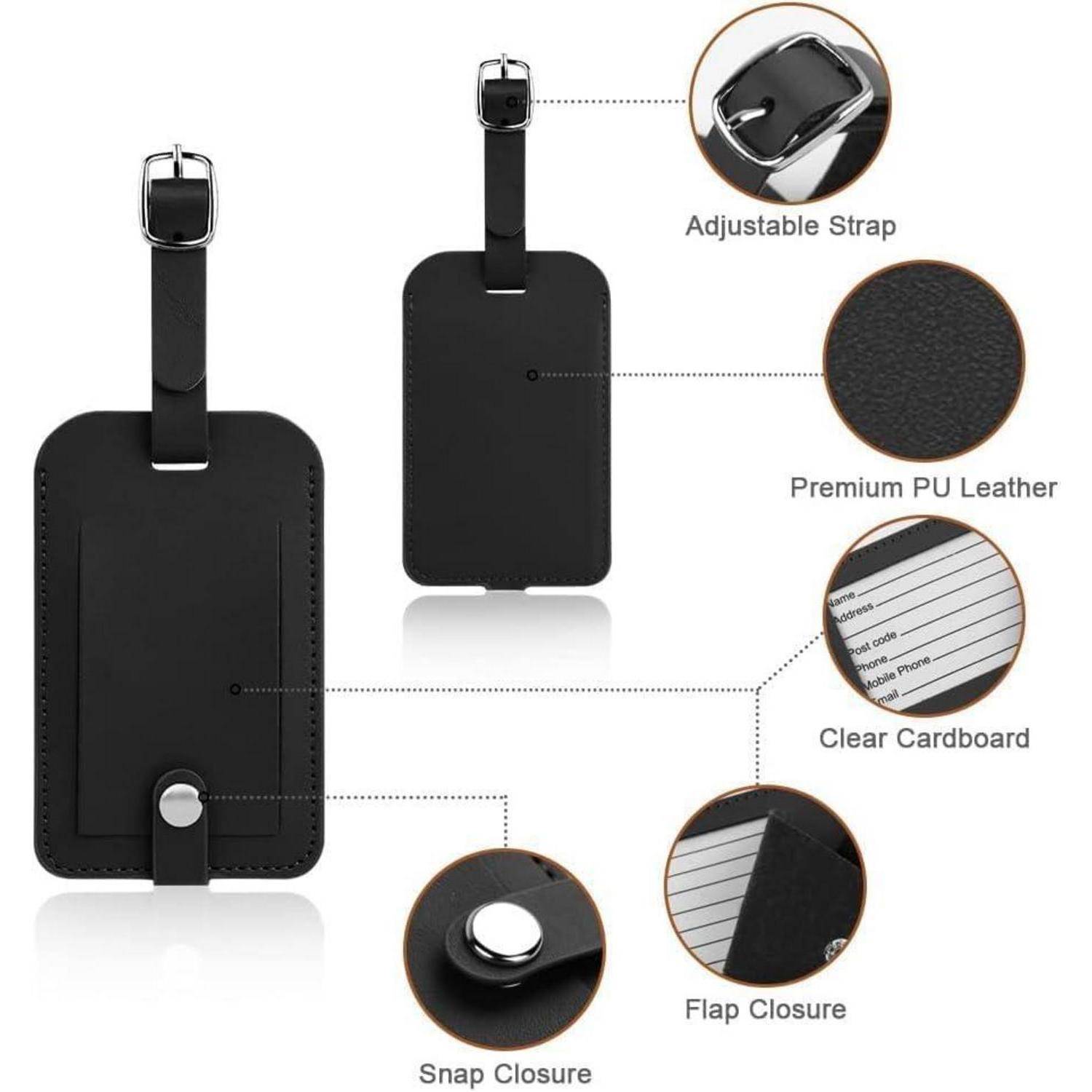 Produktbild eines schwarzen Gepäckanhängers mit verstellbarem Riemen und Schnappverschluss, gekennzeichnete Merkmale umfassen Premium-PU-Leder, transparente Kartoneinlage und Verschlusslasche.