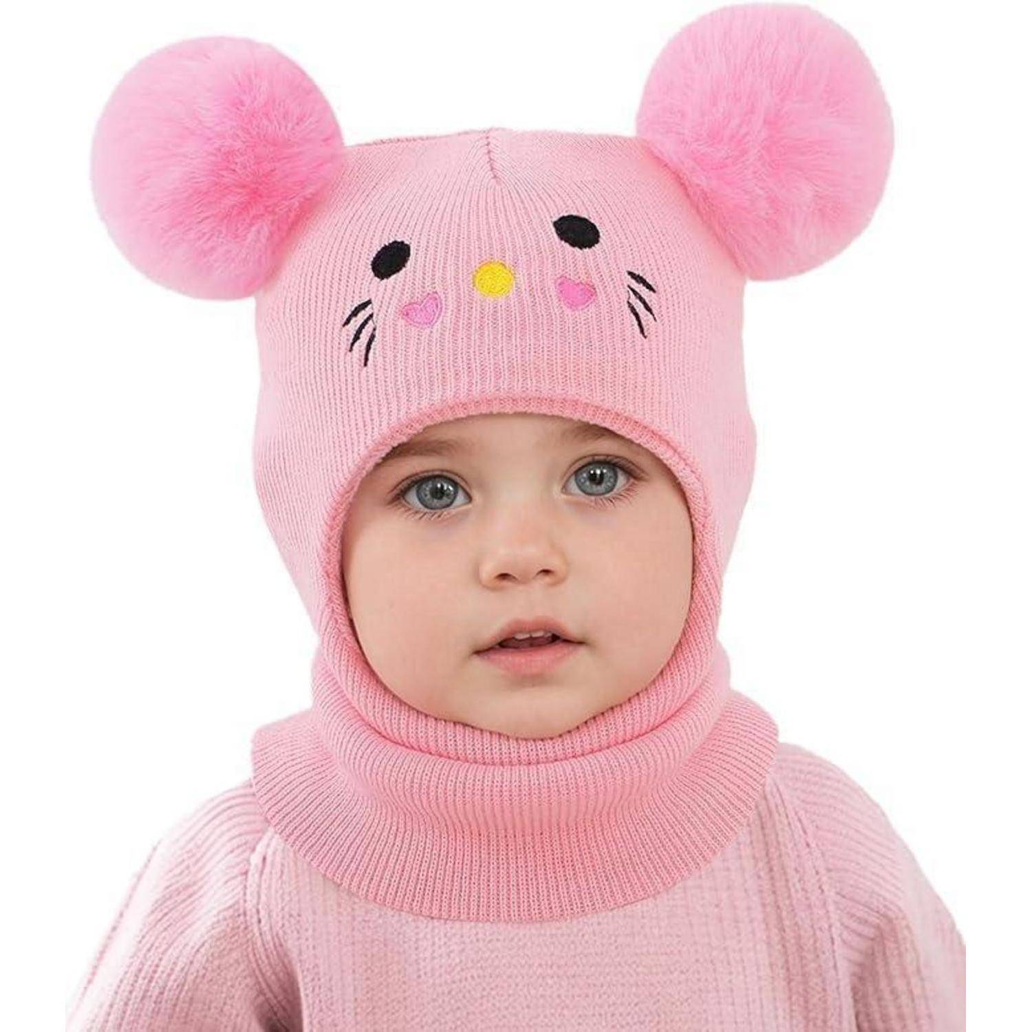 Kinder Wintermütze Sturmhaube 0.5-6 Jahre Rosa Winddicht Thermo Strickmütze