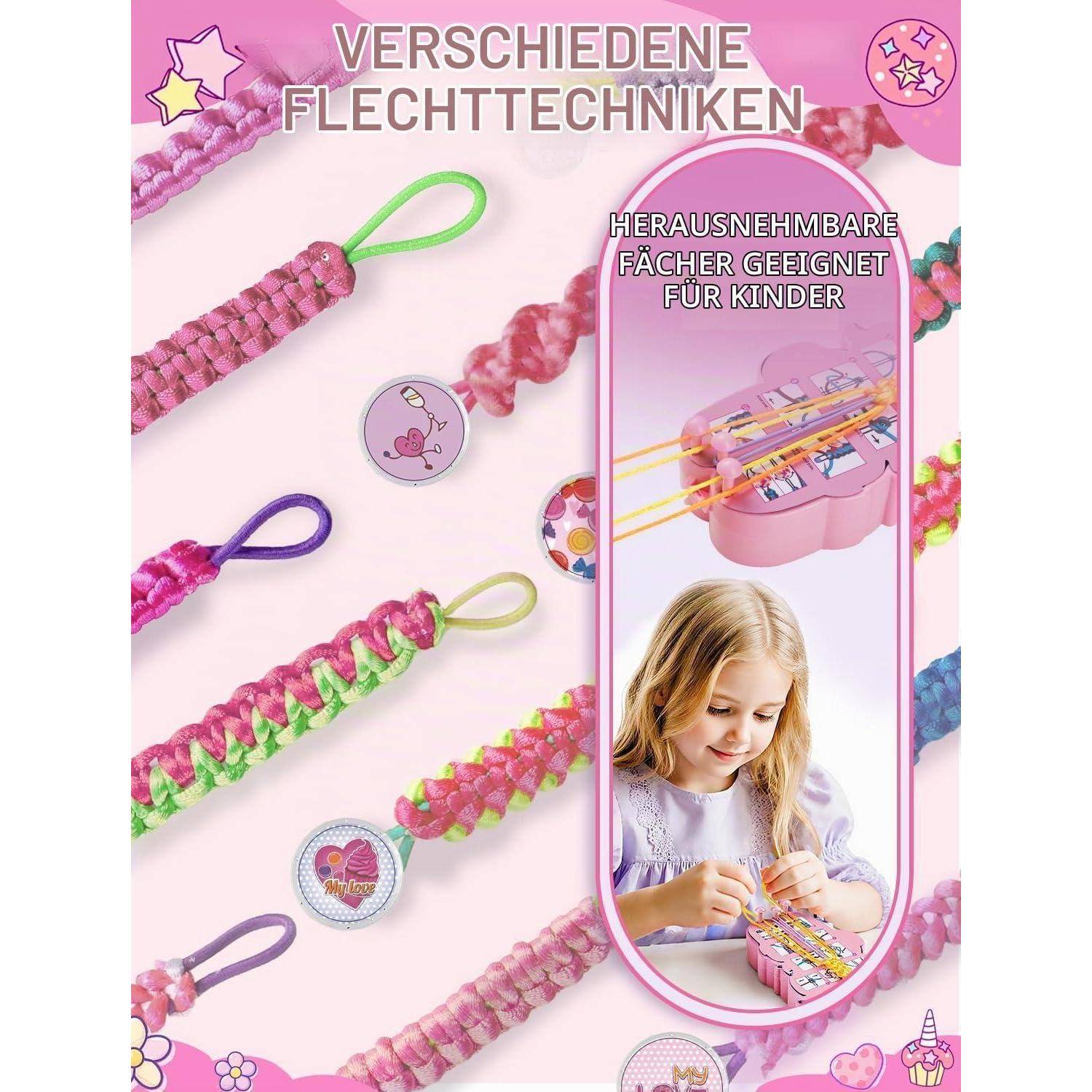 Werbebild für ein Kinder-Bastelset, das verschiedene Flechtschnur-Techniken zeigt und einen rosa Koffer mit abnehmbaren Fächern zur Aufbewahrung von Perlen mit einem Kind, das ihn benutzt.