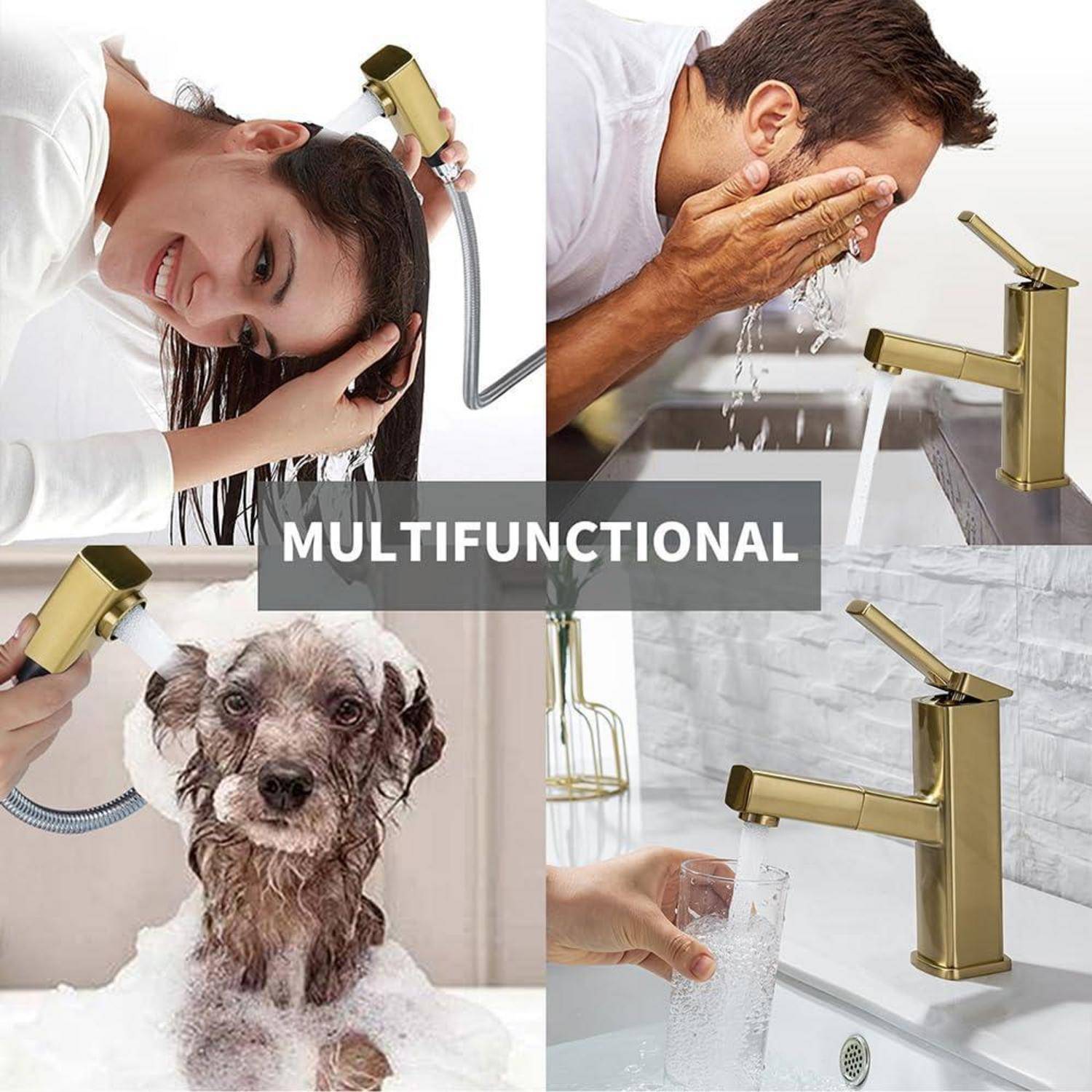 Collage zeigt einen goldenen Wasserhahn mit Brauseschlauch, der zum Haarewaschen, Gesichtsspülen, Haustierenbaden und zum Füllen eines Glases verwendet wird, mit der Beschriftung „MULTIFUNKTIONAL