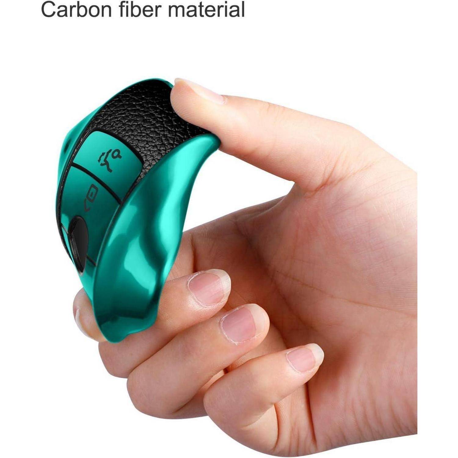 Hand hält eine türkisfarbene ergonomische Maus mit schwarzer strukturierter Oberseite und sichtbaren Tasten, beschriftet mit „Kohlefasermaterial