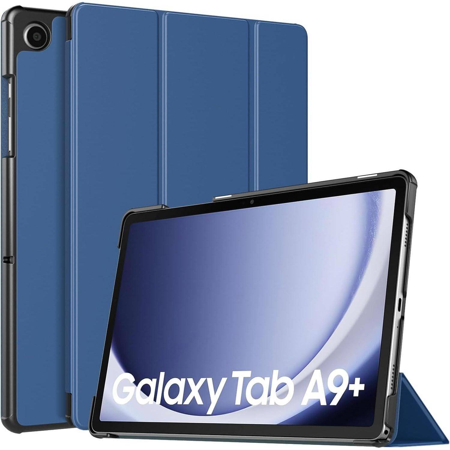 Samsung Galaxy Tab A9+ Tablet in einem blauen Schutzetui im Folio-Stil mit Ständer, von vorne und hinten gezeigt.
