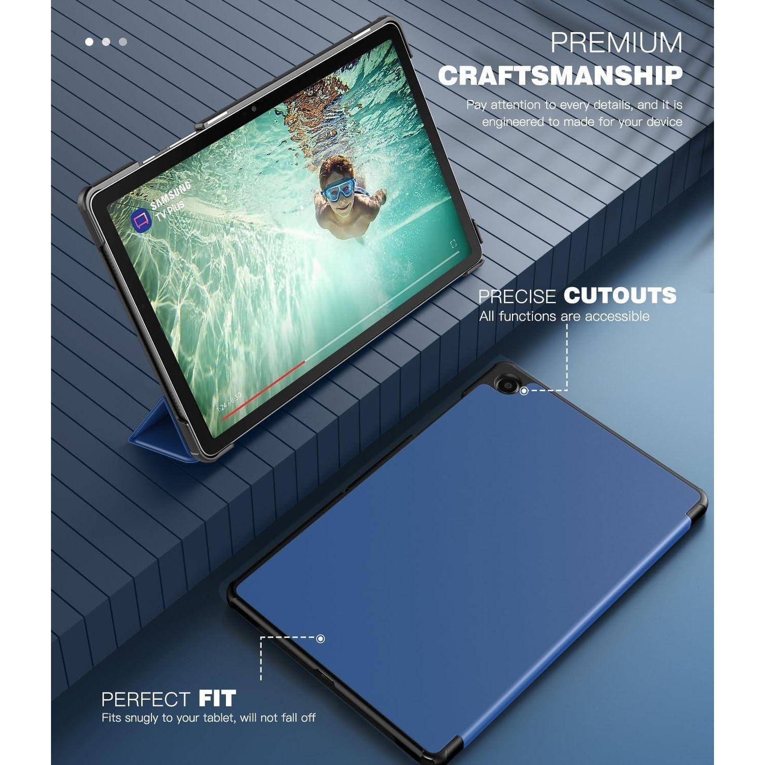 Werbebild einer blauen Tablet-Schutzhülle, das ein Tablet im Querformat und die Rückseite der Hülle zeigt und hochwertige Verarbeitung, präzise Ausschnitte und eine perfekte Passform hervorhebt.