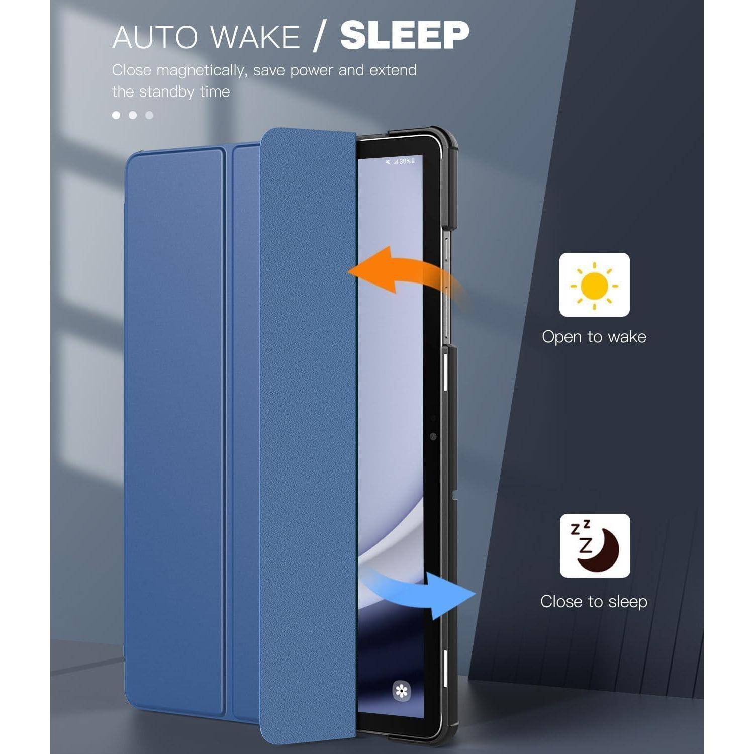 Blaue Tablet-Schutzhülle mit automatischer Wake/Sleep-Funktion: Beim Öffnen wird der Bildschirm aktiviert, beim Schließen wird er in den Schlafmodus versetzt.