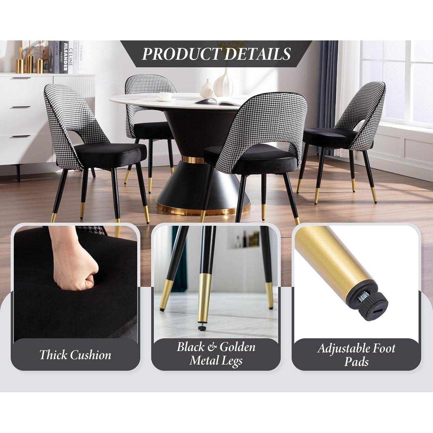 Produktdetails für ein Esszimmerstuhlset: dickes Kissen, schwarze und goldene Metallbeine und verstellbare Fußpolster, abgebildet in einem modernen Esszimmer.
