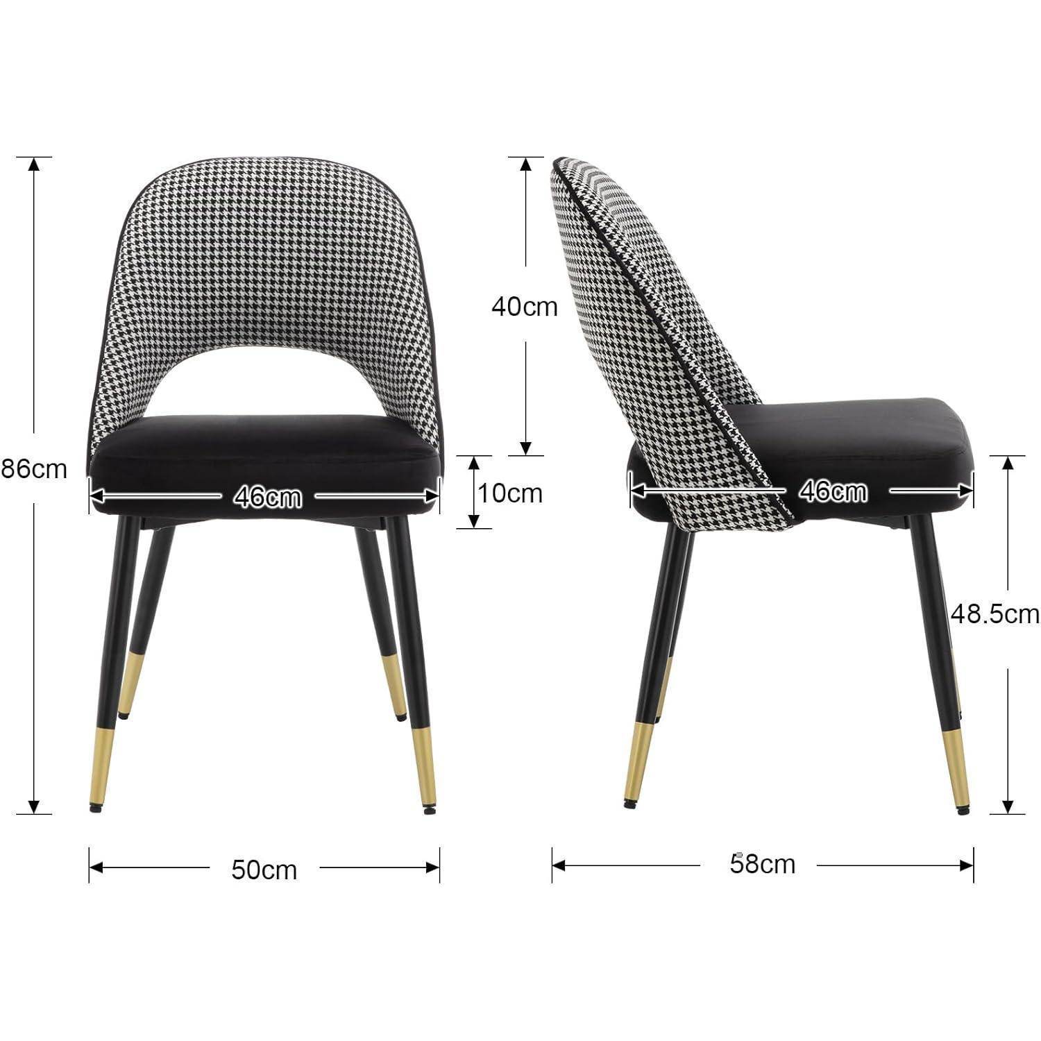 Bemaßte Vorder- und Seitenansichten eines gepolsterten Stuhls mit den Abmessungen: 86 cm Höhe, 50 cm Breite, 58 cm Tiefe, 46 cm Sitzbreite, 48,5 cm Sitzhöhe, 40 cm Rückenlehne Höhe, 10 cm Sitzdicke.