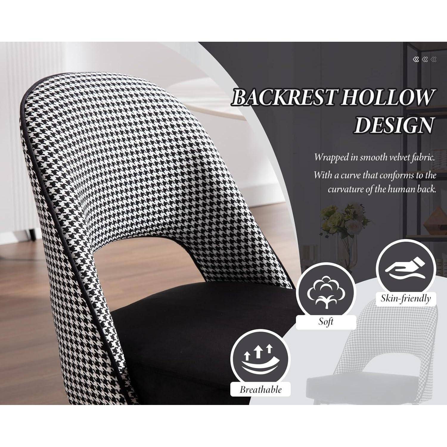 Stuhl mit Rückenlehne im Hahnentrittmuster, das hohles ergonomisches Design zeigt, glatte Samtoberfläche und Symbole für weiches, atmungsaktives, hautfreundliches Komforterlebnis.