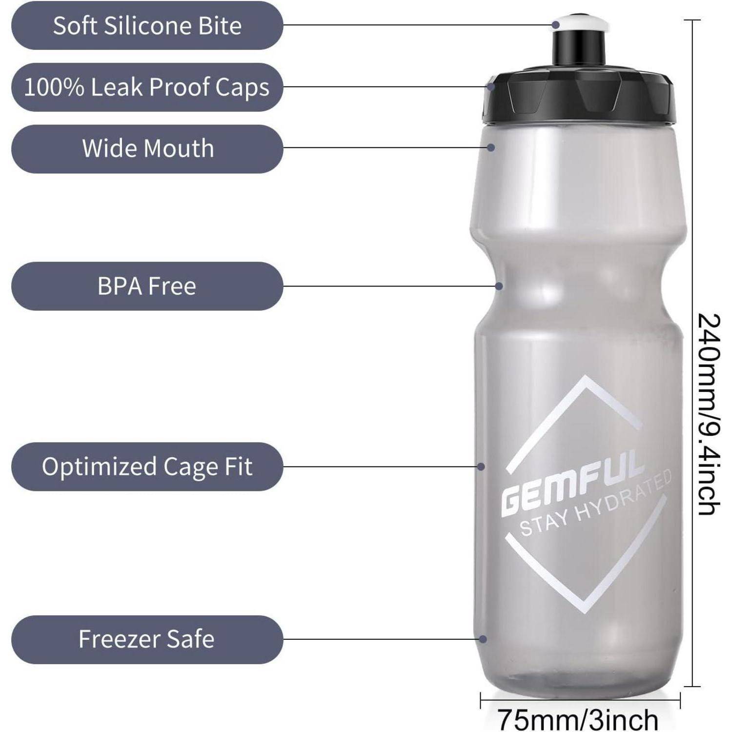 Annotiertes Bild einer Gemful-Wasserflasche mit folgenden Merkmalen: weiches Silikon-Mundstück, 100% auslaufsicherer Verschluss, breite Öffnung, BPA-frei, optimierte Käfig-Passform, gefriergeeignet und Größe 240 mm mal 75 mm.