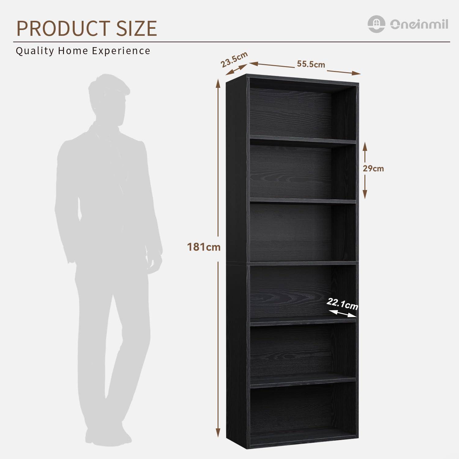 Größendiagramm eines hohen schwarzen Bücherregals mit den Abmessungen 181 cm Höhe, 55,5 cm Breite, 23,5 cm Tiefe und Regalbodenschabstand von 29 cm und 22,1 cm.