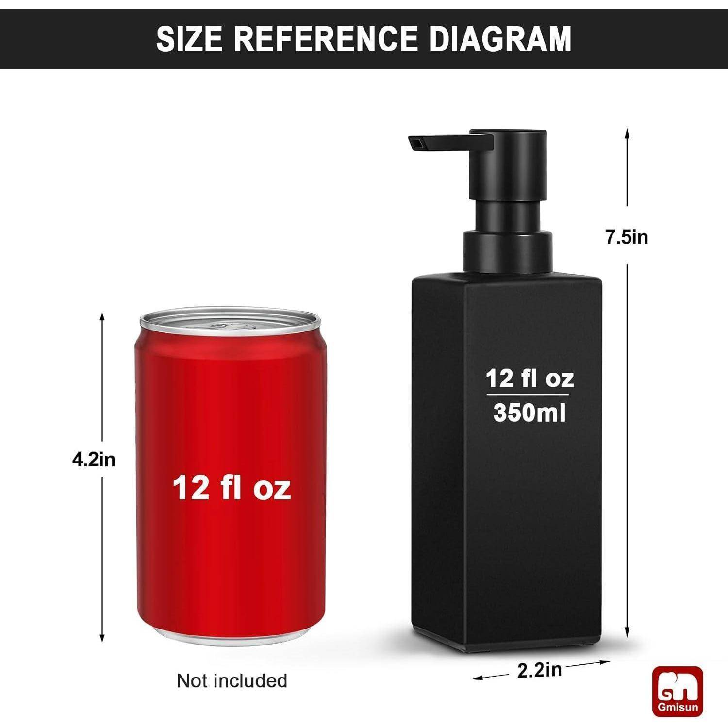 Größenvergleichsdiagramm mit einer 12-fl-oz-Dose mit der Bezeichnung 4,2 Zoll groß und einer 12-fl-oz-Pumpflasche mit der Bezeichnung 7,5 Zoll groß und 2,2 Zoll breit; Dose nicht enthalten.