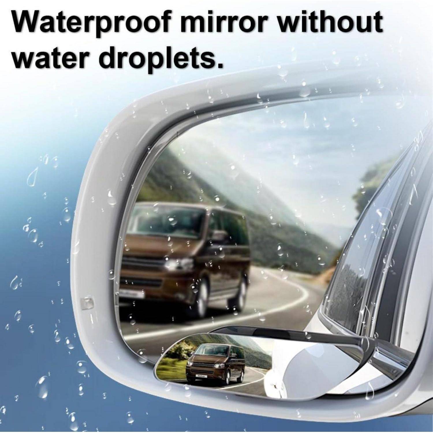 Autoseitenspiegel mit Wassertropfen, die auf dem Glas abperlen, mit der Spiegelung eines Lieferwagens auf einer kurvenreichen Straße; der Text lautet „Wasserdichter Spiegel ohne Wassertropfen.