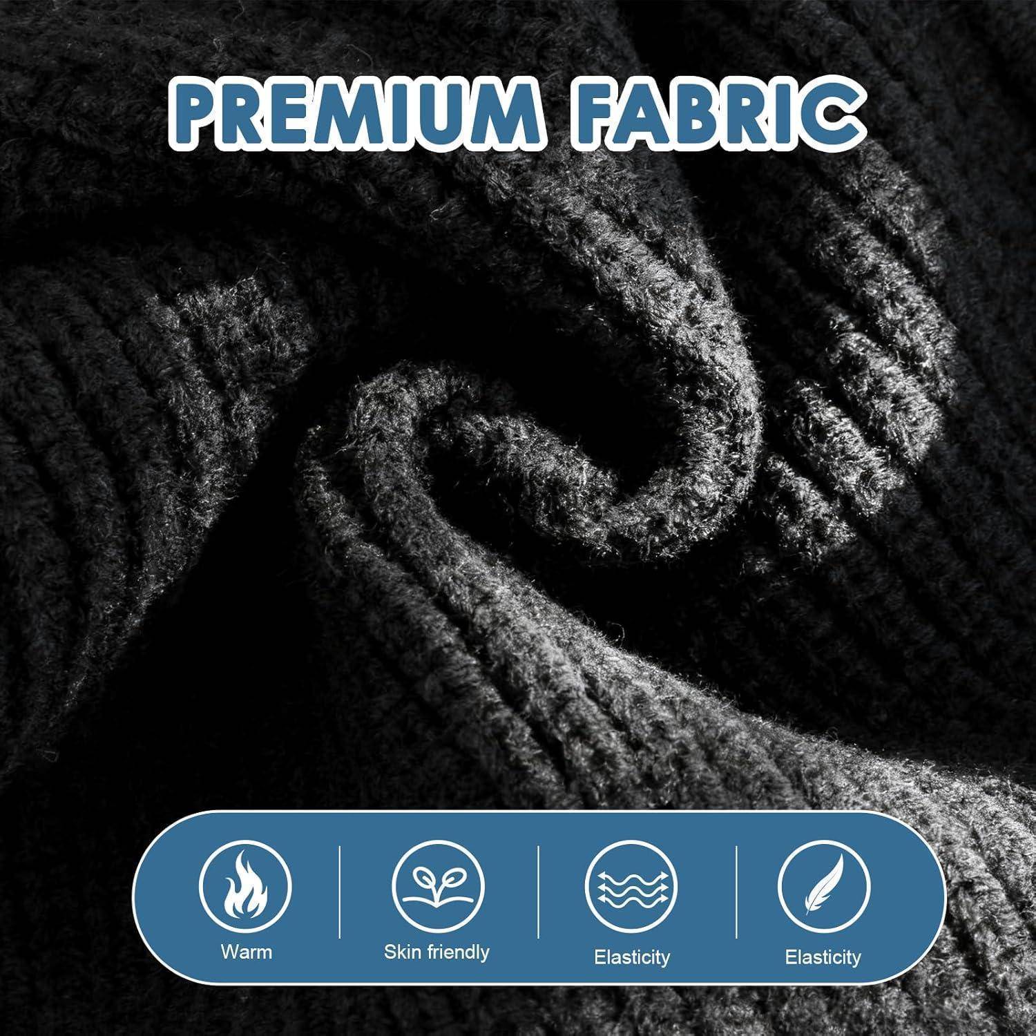 Nahaufnahme eines schwarzen Premium-Stoffs mit Strickstruktur, gekennzeichnet mit "PREMIUM FABRIC"", und Symbolen, die Wärmeeigenschaften, Hautfreundlichkeit und Elastizität hervorheben.