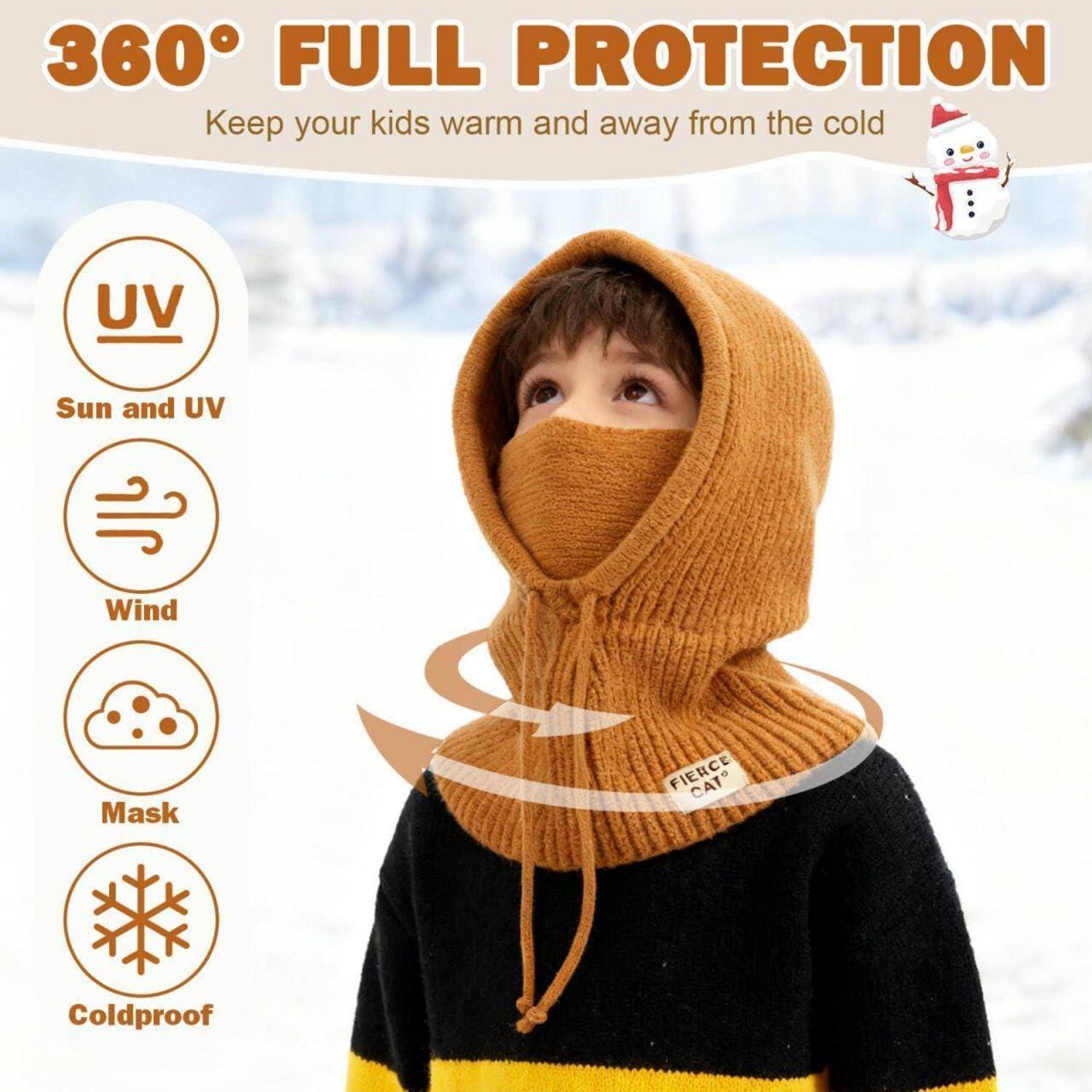 Kind trägt eine 360°-Schutzhaube und Gesichtsbedeckung zur Wärmeisolation und zum Schutz vor Sonne, Wind und Kälte.
