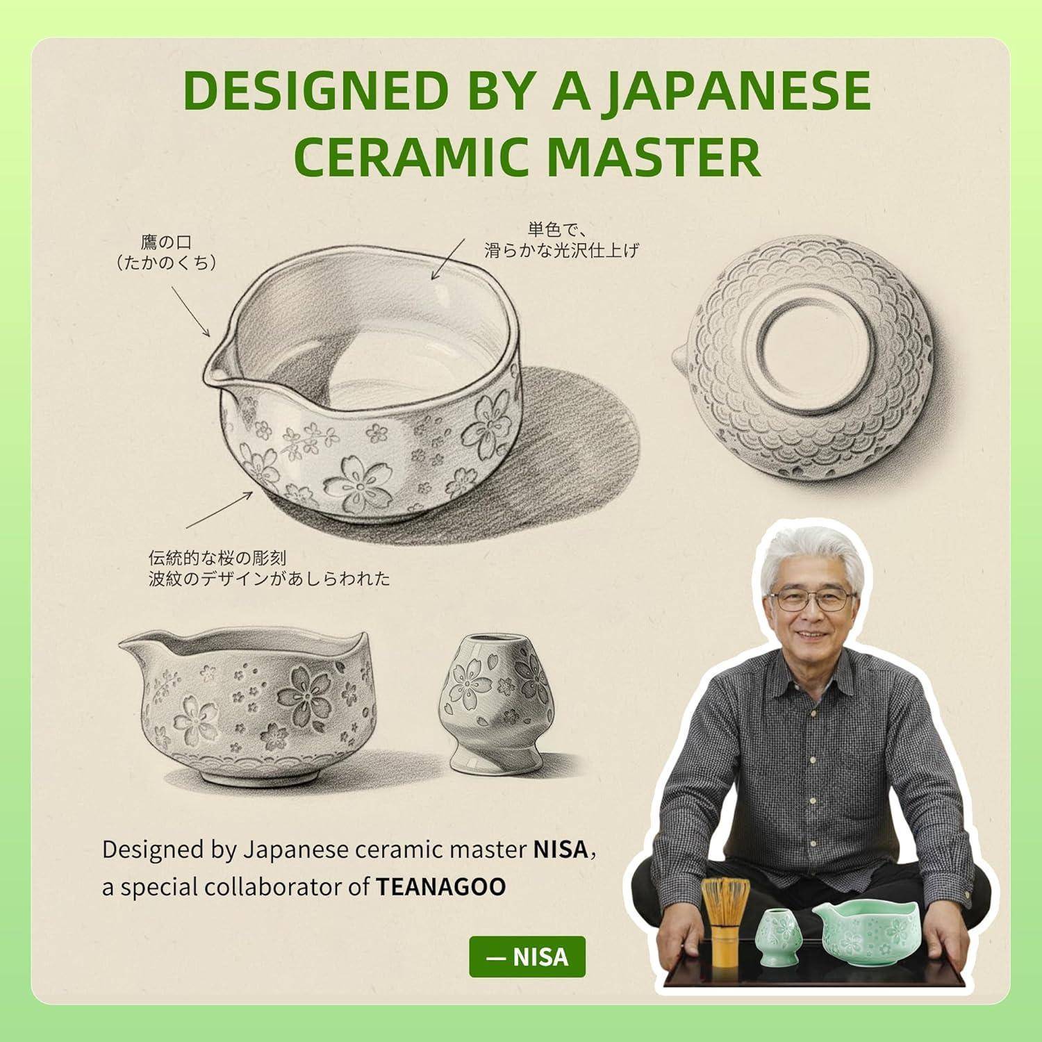 Werbegrafik für die japanische Keramikmeisterin NISA, die eine blumige Keramikschüssel, einen Teller, Tassen und die Designerin neben den Produkten zeigt.