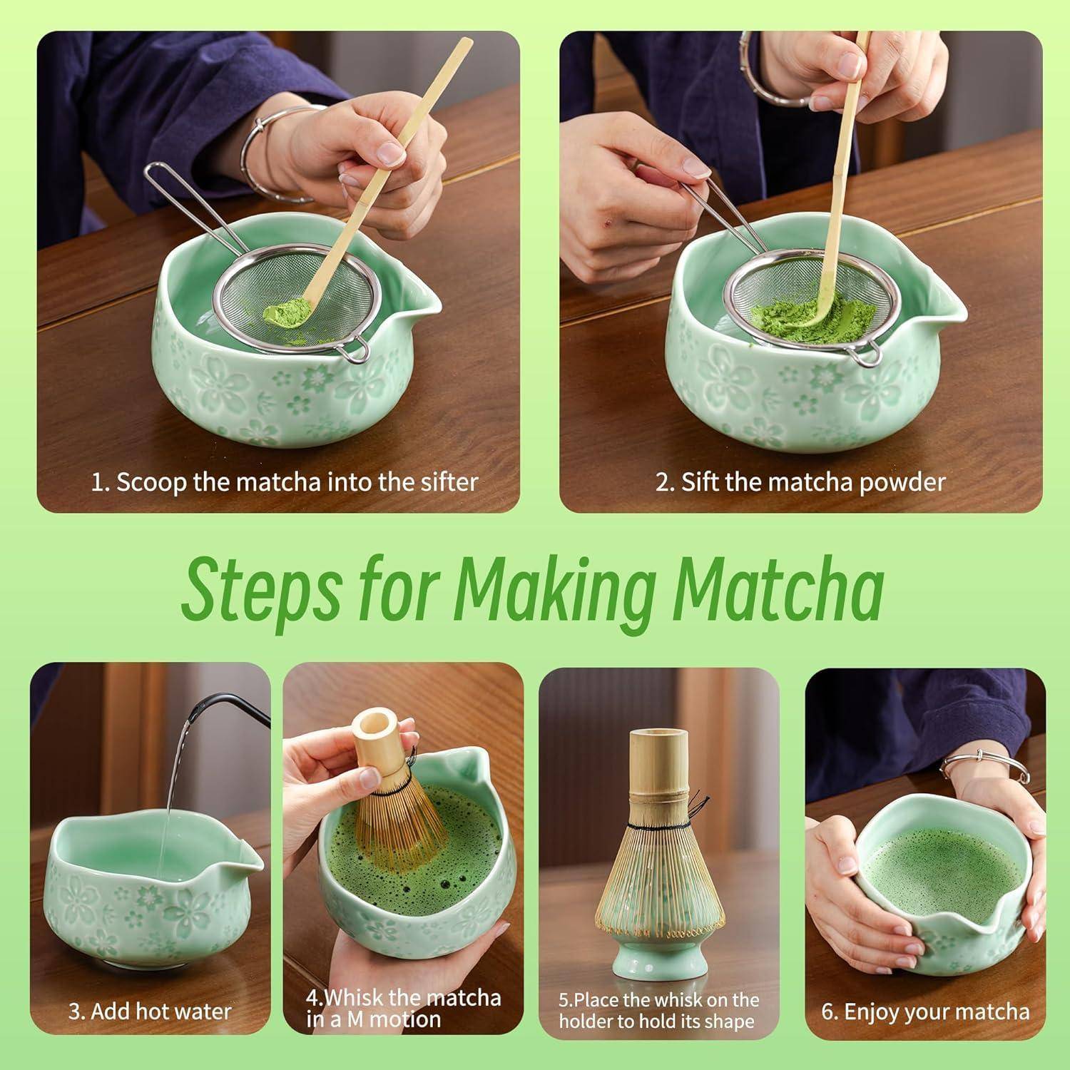 Infografik mit 6 Schritten zur Herstellung von Matcha: Pulver in das Sieb geben, Pulver sieben, heißes Wasser hinzufügen, in einer M-Bewegung aufschlagen, Matcha-Besen auf den Halter legen, dann genießen.