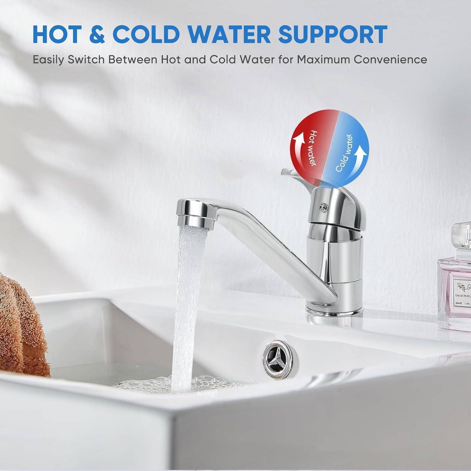 Waschbeckenhahn mit Warmwasser- und Kaltwasserunterstützung-Grafik, die einfaches Umschalten zwischen Warmwasser und Kaltwasser für Komfort zeigt.