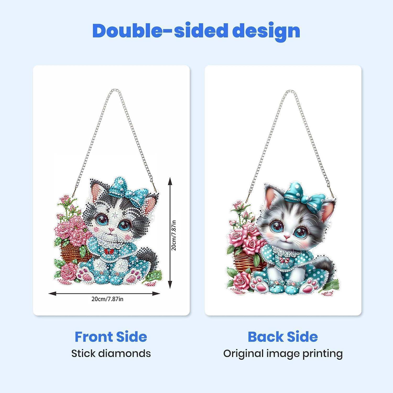 Vergleichsgrafik, die das zweiseitige Design einer Katzen-Blumendekoration zeigt: Die Vorderseite verwendet Stab-Diamanten; die Rückseite zeigt den ursprünglichen Bilddruck.