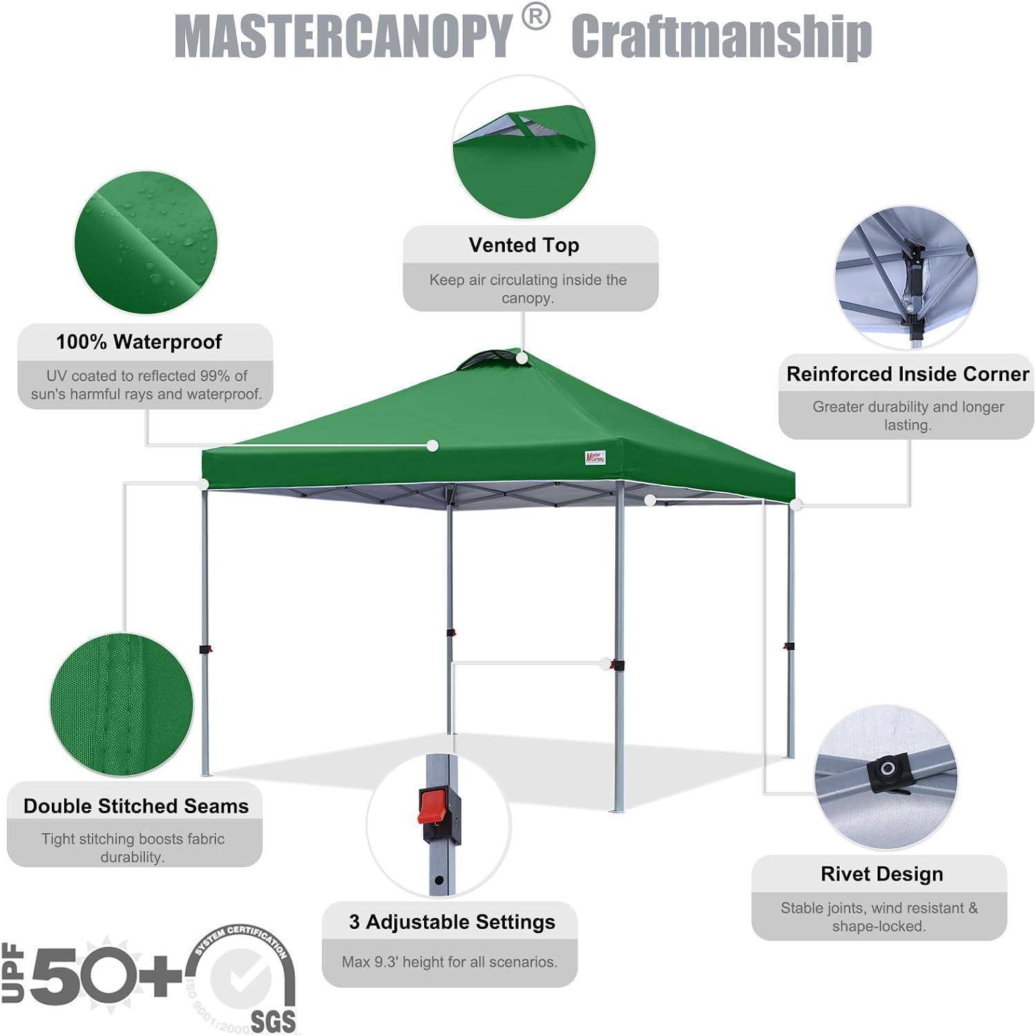 Abbildung eines grünen Mastercanopy-Handwerk-Popup-Pavillon mit Beschriftungen für 100% wasserdicht, belüfteter Oberteil, verstärkte innere Ecken, doppelt gesäumte Nähte, Niet-Design und 3 verstellbare Einstellungen.
