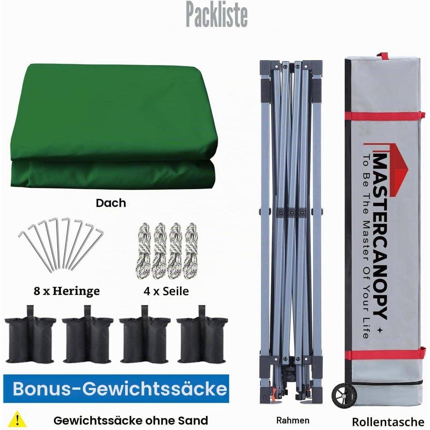 MasterCanopy Zeltkit-Inhalt angezeigt: grüne Dachabdeckung, klappbarer Rahmen, Transporttasche mit Rädern, 8 Heringe, 4 Seile und vier Gewichtssäcke.