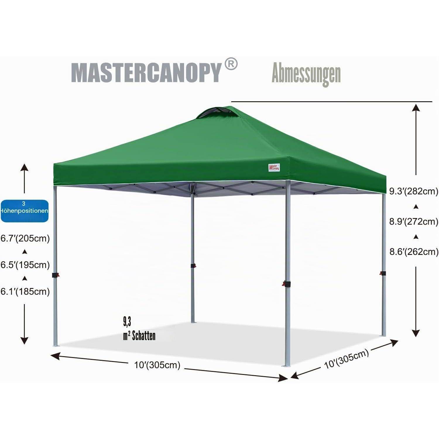 Diagramm eines grünen MasterCanopy Pop-up-Zelts mit Abmessungen: 3,05 m x 3,05 m Grundfläche, 2,83 m Mittenhöhe und drei verstellbare Höhenpositionen.