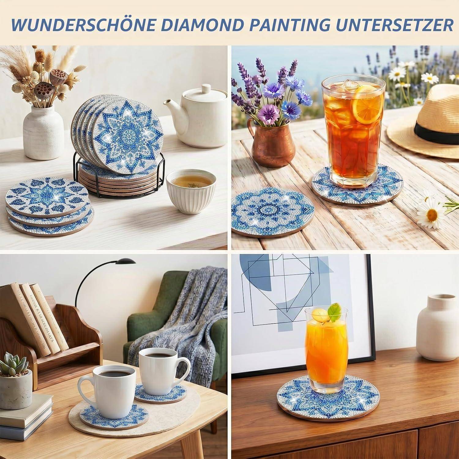 Collage aus blau und weiß diamantbemalten Untersetzern, die unter Tassen und Getränken auf Tischen verwendet werden, gezeigt in Wohn- und Terrassenumgebungen.