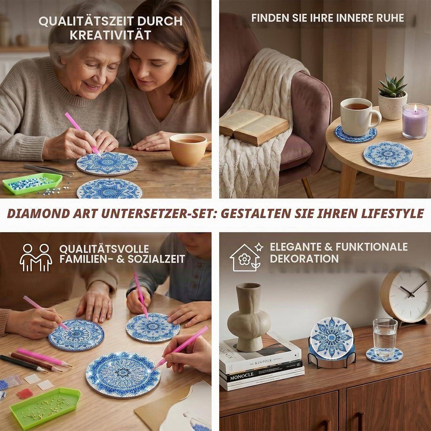Collage-Anzeige für Diamond-Art-Untersetzer: Menschen dekorieren blaue gemusterte Untersetzer, plus stilvolle Wohnzimmerszenen, die sie als elegante, funktionale Dekoration zeigen.