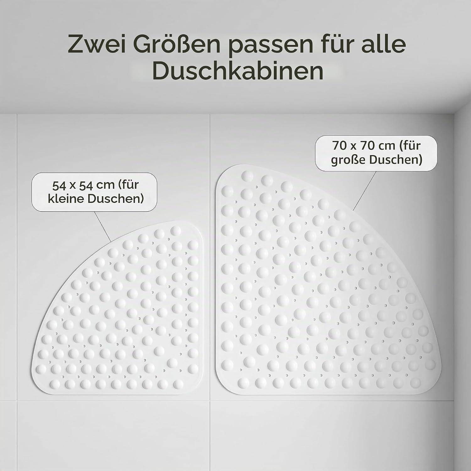 Diagramm mit zwei Duschmattengröße: 54 x 54 cm für kleine Duschen und 70 x 70 cm für große Duschen, mit deutschem Titel „Zwei Größen passen für alle Duschkabinen