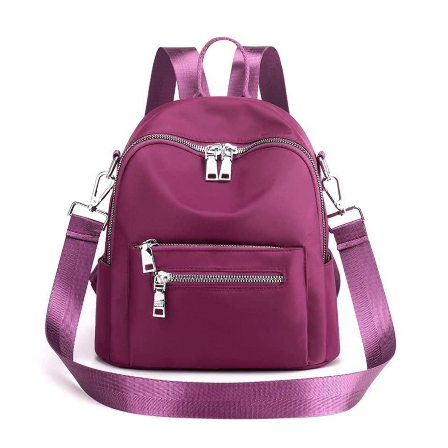 Magentafarbener Rucksack mit vorderen und oberen Reißverschlusstaschen, zwei Schultergurten und abnehmbarem Umhängegurt auf weißem Hintergrund.