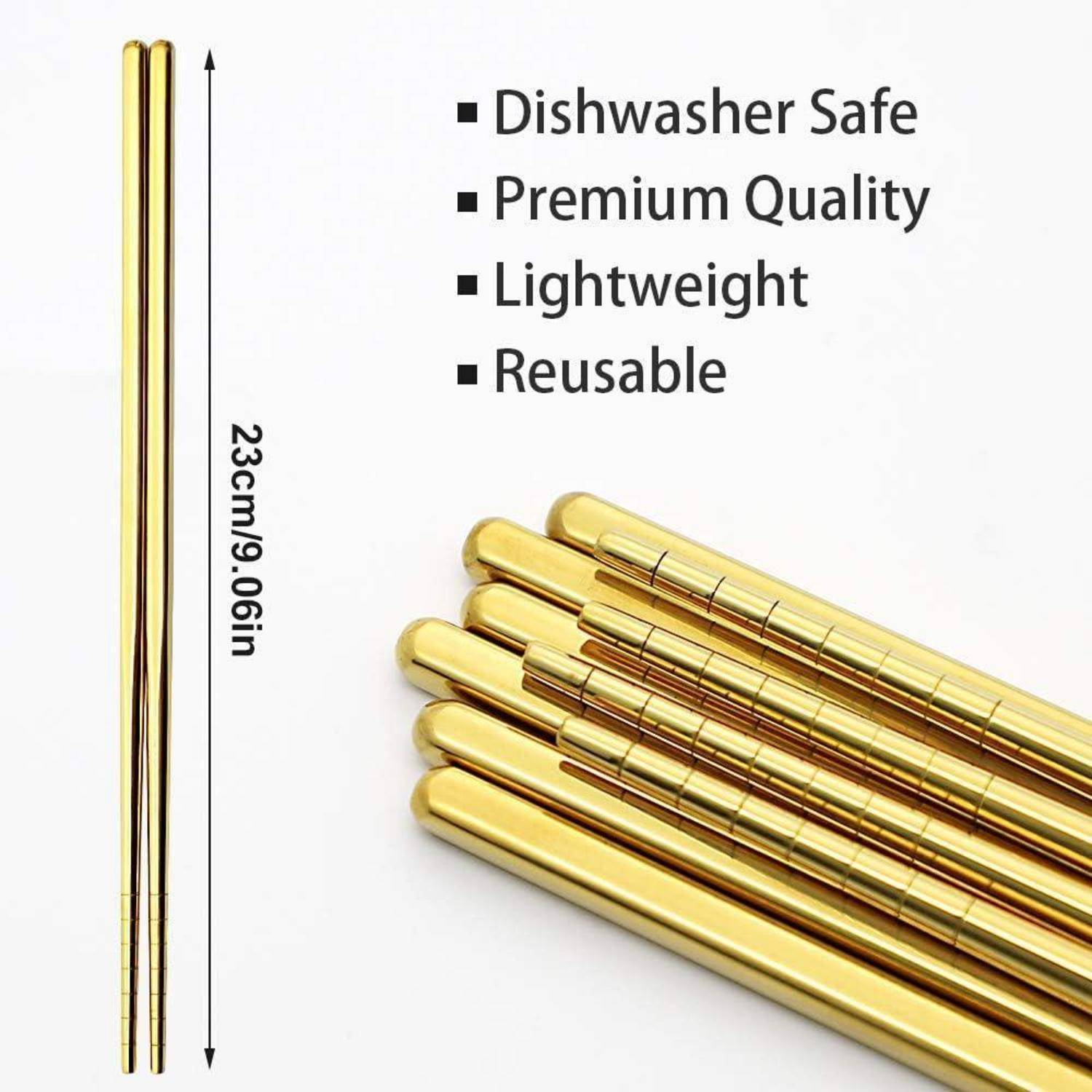 Wiederverwendbare goldene Essstäbchen, dargestellt mit Text, der angibt, dass sie spülmaschinenfest, von Premium-Qualität, leicht sind und 23 cm (9,06 Zoll) lang sind.