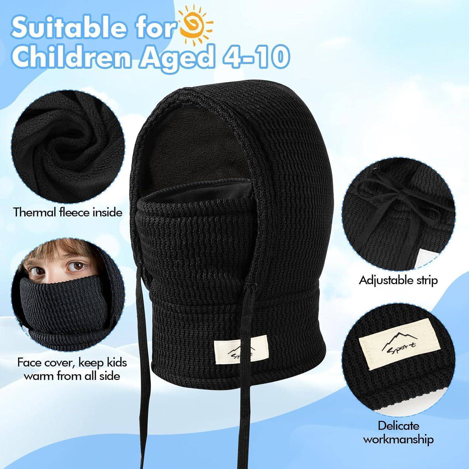 Schwarze Wärme-Fleece-Sturmhaube für Kinder im Alter von 4–10 Jahren mit verstellbaren Riemen und vollständiger Gesichtsbedeckung; Beschriftungen zeigen das innere Fleece und die Verarbeitung.