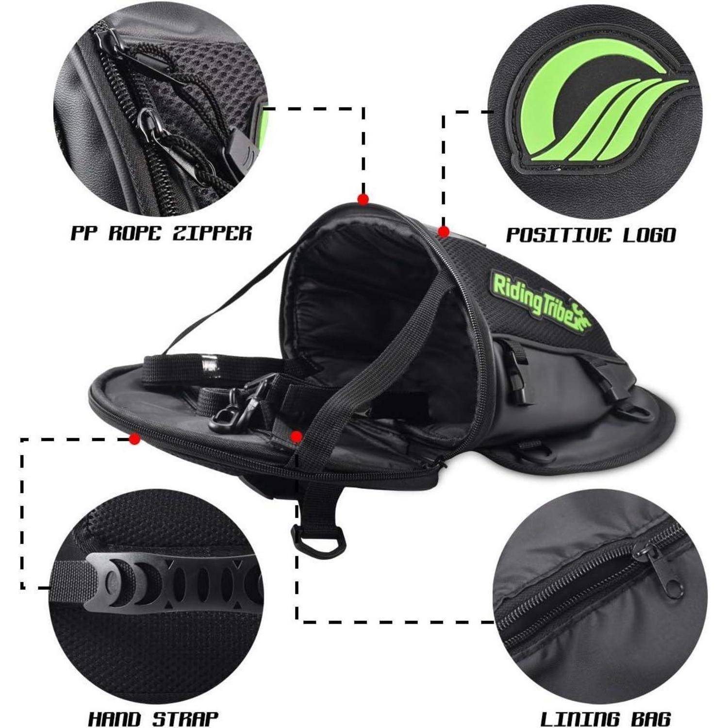 Schwarze Reitertasche der Riding Tribe mit Schultergurt, PP-Seilreißverschluss, Handgriff und Futtertasche, gezeigt mit vergrößerten Detailaufnahmen jedes Merkmals.