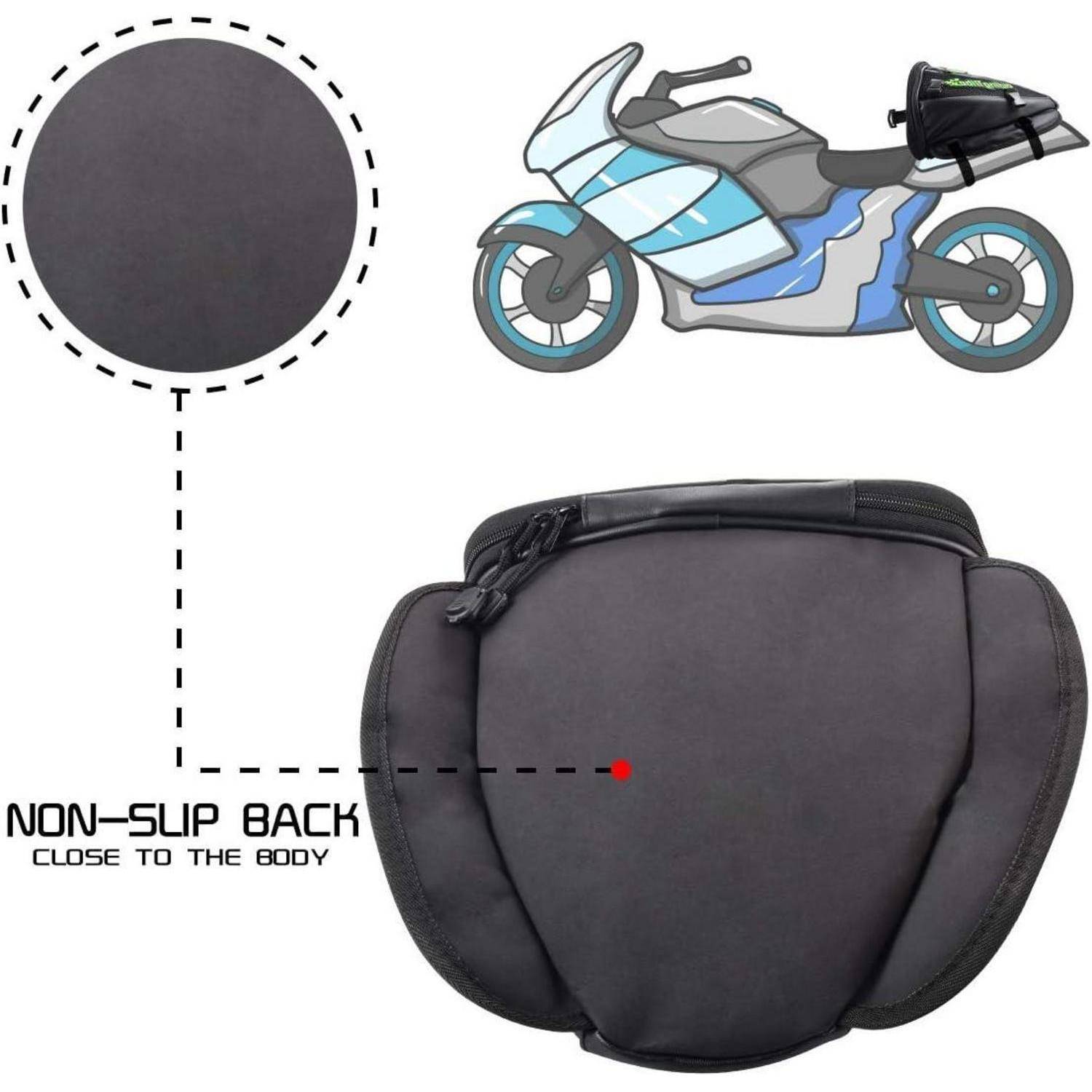 Motorrad-Hecktasche mit rutschfester Rückseite, gezeigt auf einem Motorrad und in Nahaufnahme, beschriftet mit „RUTSCHFESTE RÜCKSEITE nah am Körper