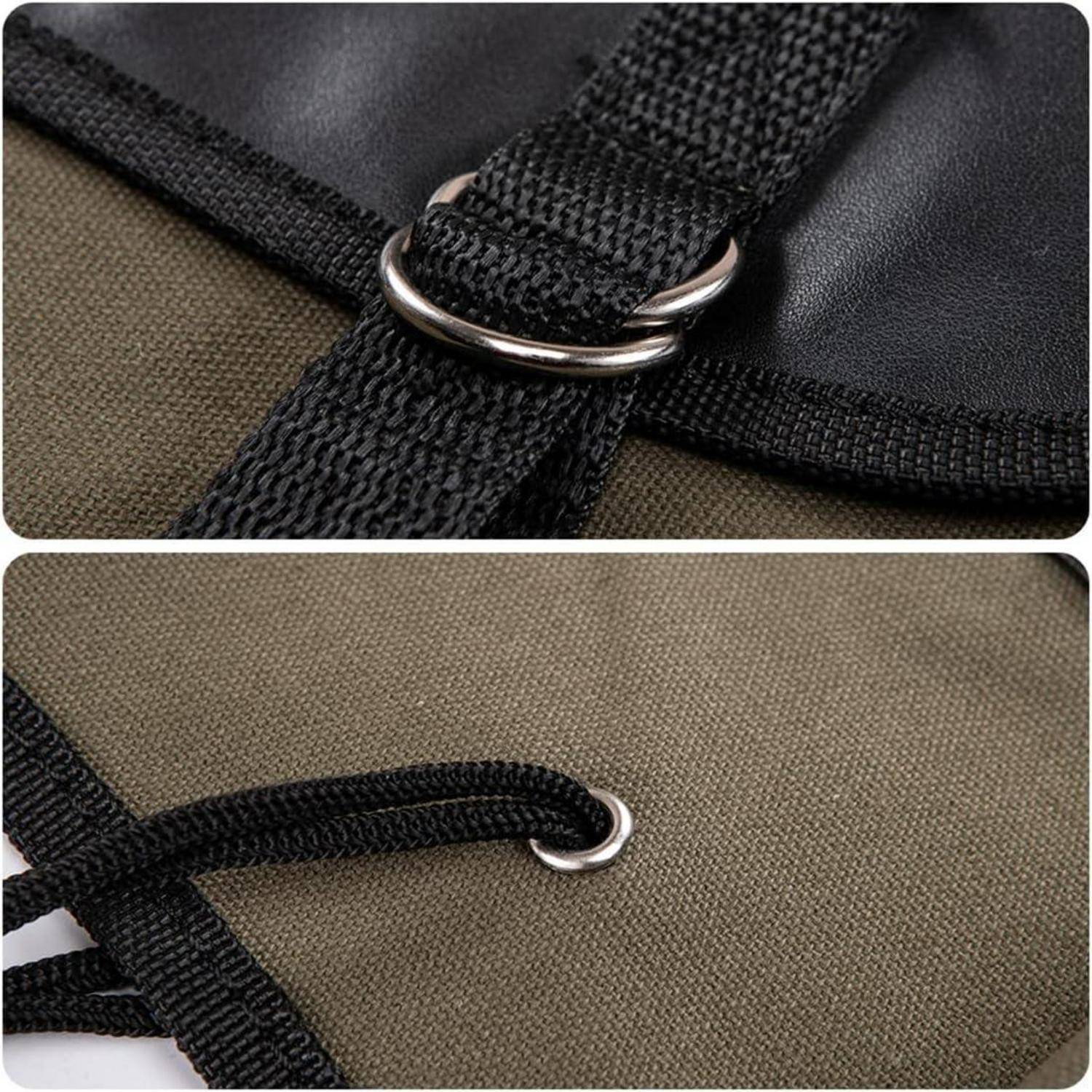Nahaufnahme eines schwarzen gewebten Riemens, der durch einen Metallring auf einer khakifarbenen Stofftasche gezogen ist und ein sicheres Befestigungsdetail zeigt.