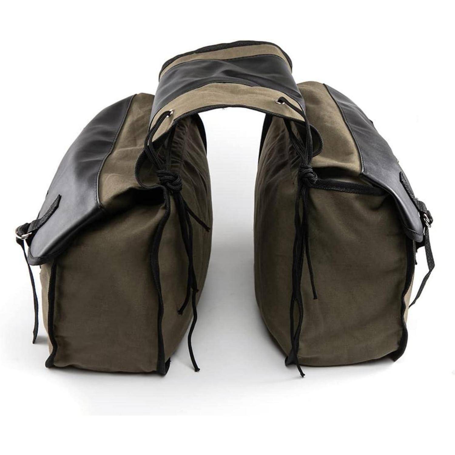 Paar weicher Taschen in Olivgrün und Schwarz mit zentralem Griff oben, geöffnet, um zwei Fächer zu zeigen.