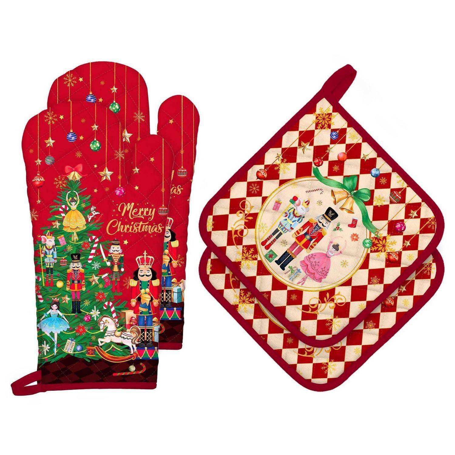 Rote Weihnachts-Ofenhandschuh und gesteppter Topflappen mit Weihnachtsspielzeugsoldaten und „Merry Christmas