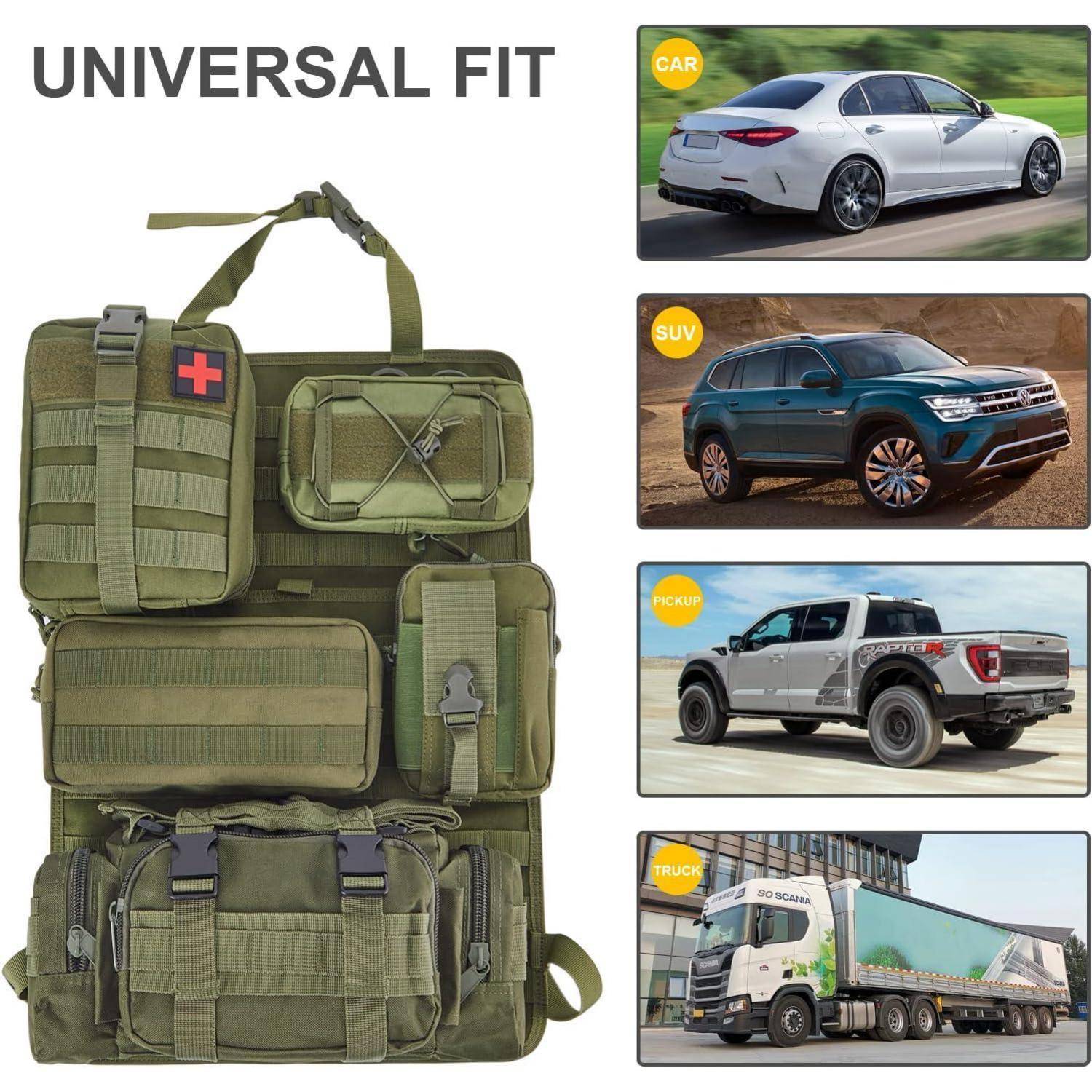 Universelle Taktische Rückenlehnen-Organizer in Olivgrün mit mehreren Taschen, kompatibel mit PKW, SUV, Pickup und Lastkraftwagen.